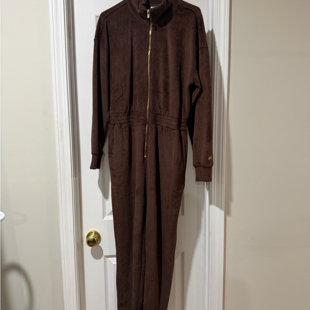 Fabletics Brown Jumpsuit with Gold Zipper